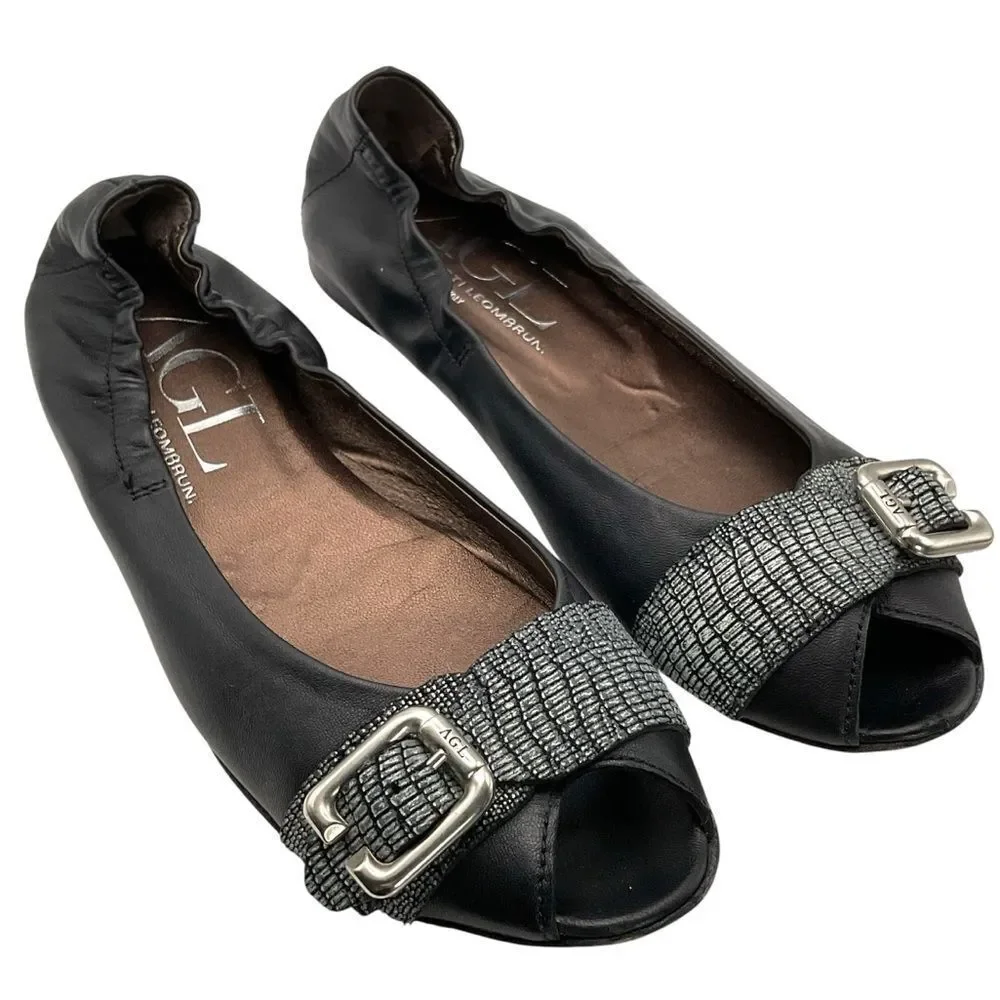 AGL ladies ballet flats shoes 38 1/2 us 8 1/2 black silver peep toe leather chic - Picture 13 of 13